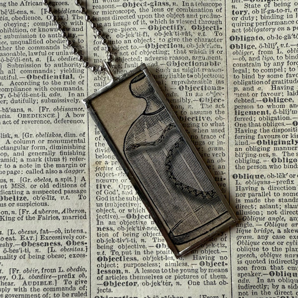 Turtle, snake specimens in jars, vintage illustrations, hand-soldered glass pendant