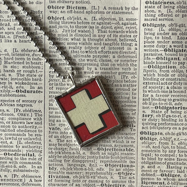 1 Swiss flag cross and crest, upcycled from vintage Indian matchbooks, upcycled hand soldered glass pendant