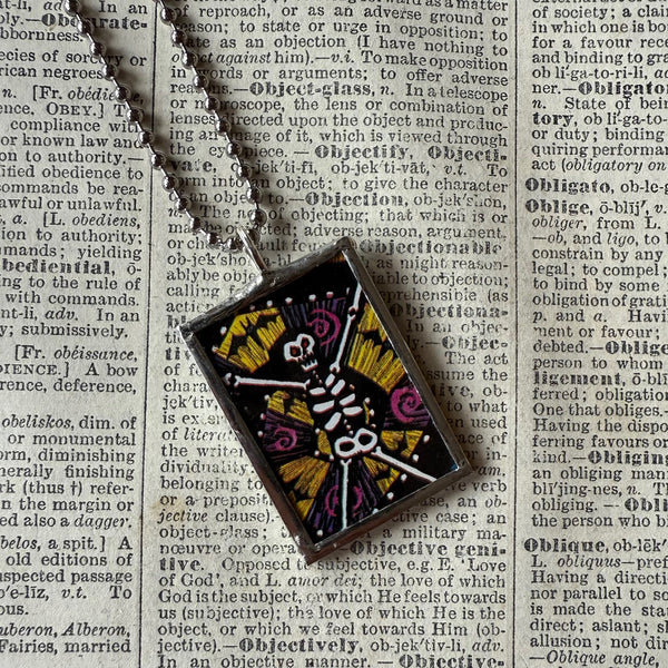 Skeleton concept art illustrations, up-cycled to soldered glass pendant