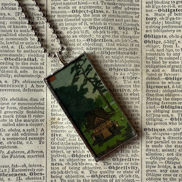Cypress trees, Japanese woodblock prints, up-cycled to hand-soldered glass pendant