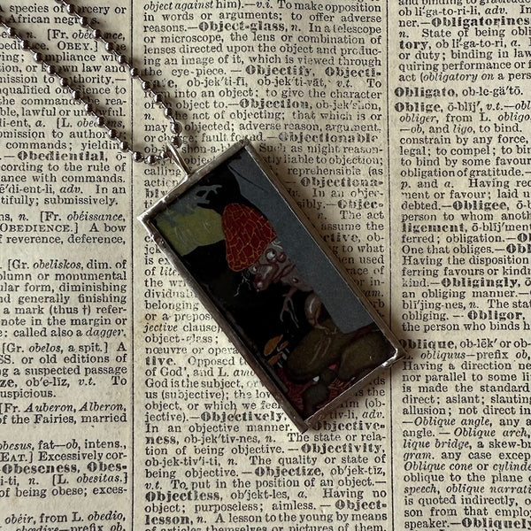 Gnomes, trolls, vintage children's book illustration up-cycled to soldered glass pendant