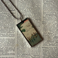 Plum / Cherry Blossom Trees, Evening scene, Japanese woodblock prints, up-cycled to hand-soldered glass pendant