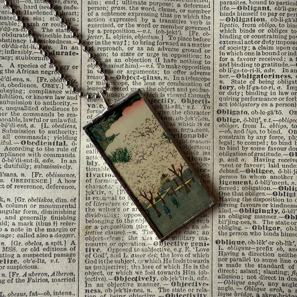 Plum / Cherry Blossom Trees, Evening scene, Japanese woodblock prints, up-cycled to hand-soldered glass pendant