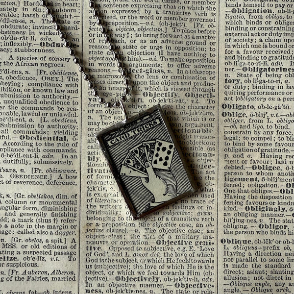 Card tricks, Conjuring for Amatures, vintage books, illustration up-cycled to soldered glass pendant