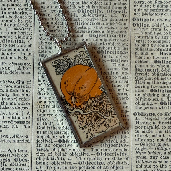 Pumpkins, vintage illustrations, up-cycled to soldered glass pendant