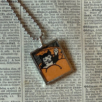 Jack O'Lanterns, pumpkins, black cat, vintage illustrations, up-cycled to soldered glass pendant