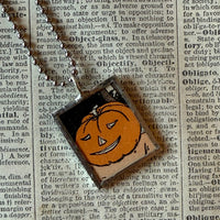 Jack O'Lanterns, pumpkins, black cat, vintage illustrations, up-cycled to soldered glass pendant