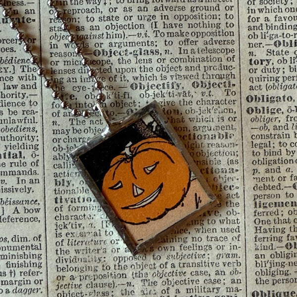 Jack O'Lanterns, pumpkins, black cat, vintage illustrations, up-cycled to soldered glass pendant