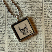 Skulls, vintage illustration up-cycled to soldered glass pendant