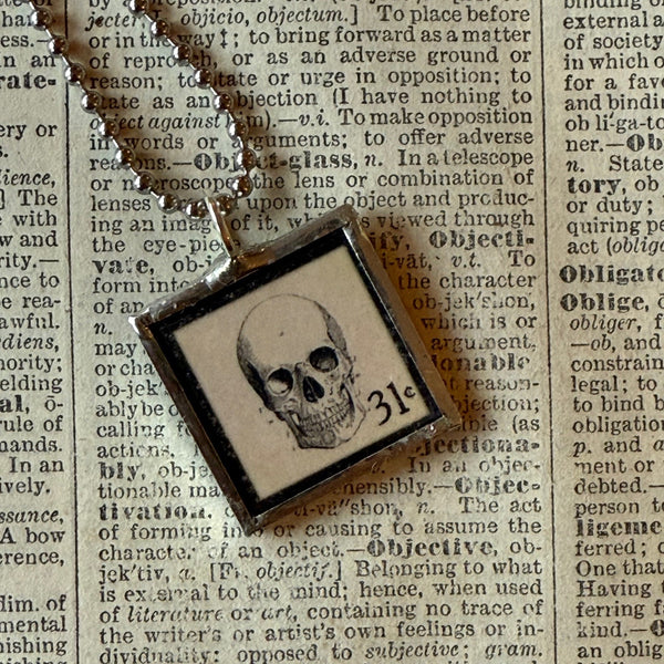 Skulls, vintage illustration up-cycled to soldered glass pendant
