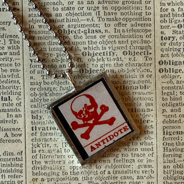 Poison / Skull and crossbones, vintage illustration up-cycled to soldered glass pendant