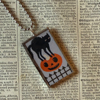Black cat, Jack O'Lantern, Skeleton, vintage illustrations, up-cycled to soldered glass pendant