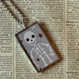 Black cat, Jack O'Lantern, Skeleton, vintage illustrations, up-cycled to soldered glass pendant