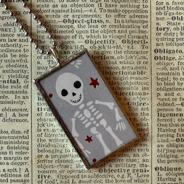 Black cat, Jack O'Lantern, Skeleton, vintage illustrations, up-cycled to soldered glass pendant