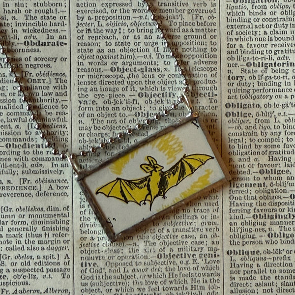Vampire bats, vintage illustrations upcycled to hand-soldered glass pendant