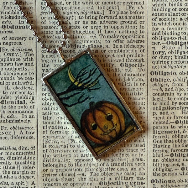 Jack O'Lanterns, pumpkins, vintage illustrations, up-cycled to soldered glass pendant