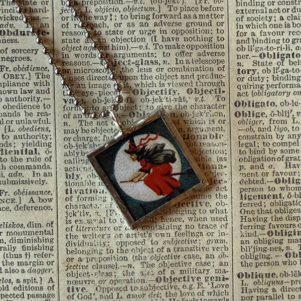 Jack O'Lantern pumpkin, witch, vintage illustrations, up-cycled to soldered glass pendant