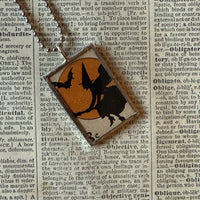 Witch, vampire bat, vintage halloween illustrations, up-cycled to soldered glass pendant