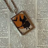 Witch, vampire bat, vintage halloween illustrations, up-cycled to soldered glass pendant