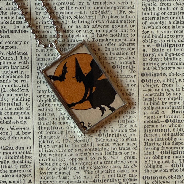 Witch, vampire bat, vintage halloween illustrations, up-cycled to soldered glass pendant
