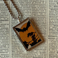 Witch, vampire bat, vintage halloween illustrations, up-cycled to soldered glass pendant