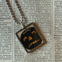 Jack O'Lantern pumpkin, witch, vintage illustrations, up-cycled to soldered glass pendant