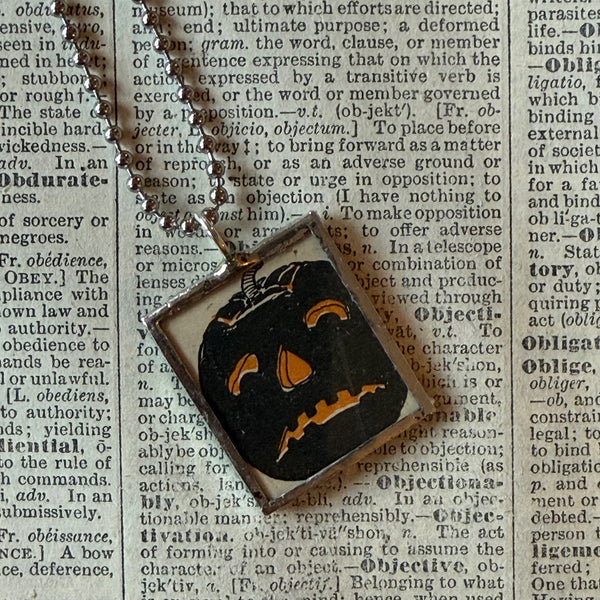 Jack O'Lantern pumpkin, witch, vintage illustrations, up-cycled to soldered glass pendant
