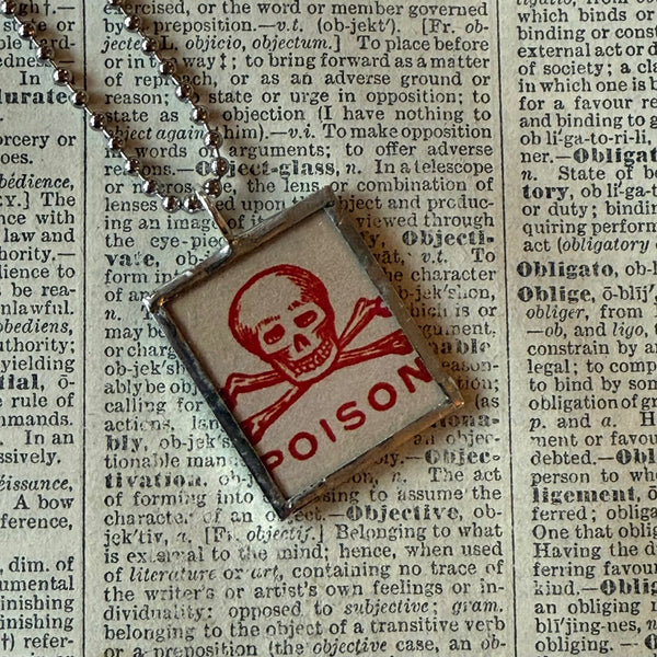 Poison / Skull and crossbones, vintage illustration up-cycled to soldered glass pendant