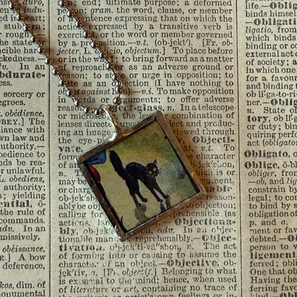 Black cats, vintage illustrations, up-cycled to soldered glass pendant