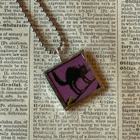 Black cat, vampire bat, vintage halloween illustrations, up-cycled to soldered glass pendant