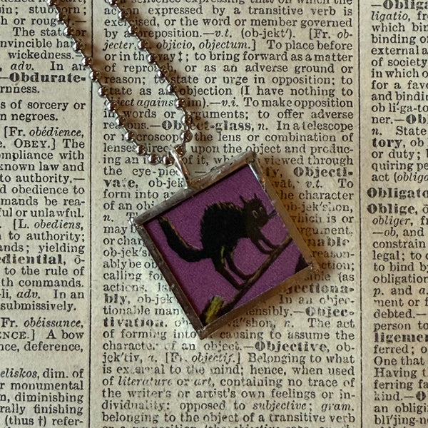 Black cat, vampire bat, vintage halloween illustrations, up-cycled to soldered glass pendant