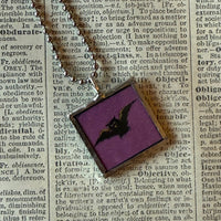 Black cat, vampire bat, vintage halloween illustrations, up-cycled to soldered glass pendant