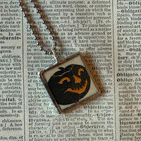 Jack O'Lanterns, pumpkins, vintage illustrations, up-cycled to soldered glass pendant