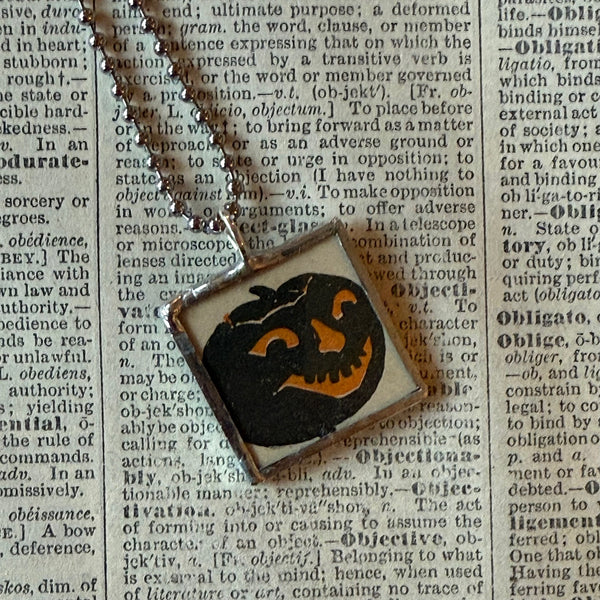 Jack O'Lanterns, pumpkins, vintage illustrations, up-cycled to soldered glass pendant