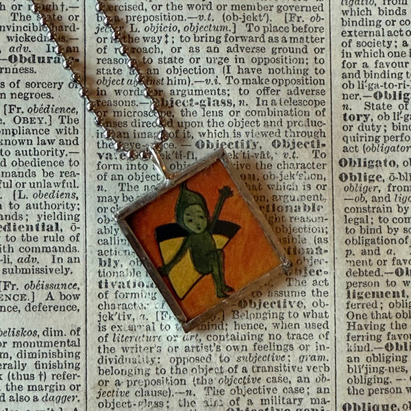 Gremlins, vintage illustrations upcycled to hand-soldered glass pendant
