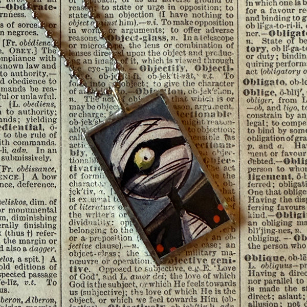 Mummy, eyeball, concept art illustrations, up-cycled to soldered glass pendant