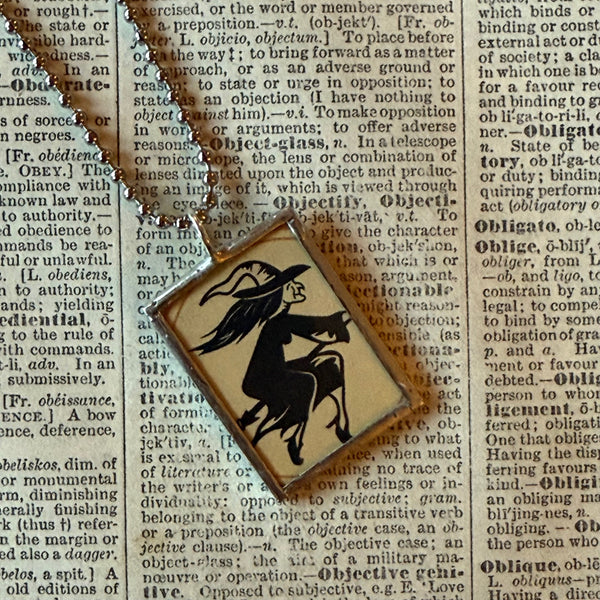Witches, zombie hand, vintage halloween illustrations, up-cycled to soldered glass pendant