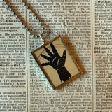 Witches, zombie hand, vintage halloween illustrations, up-cycled to soldered glass pendant