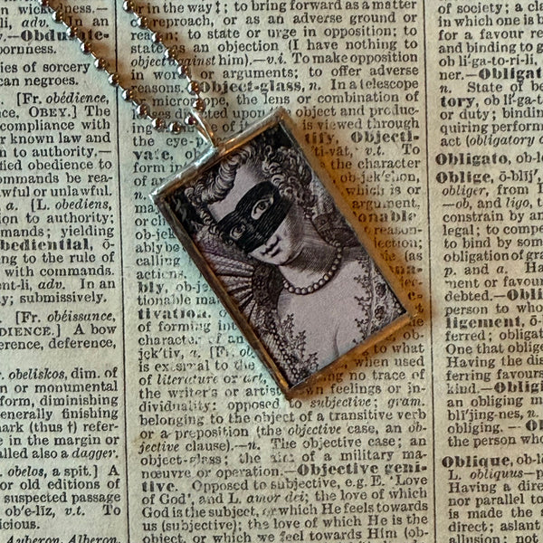 Witches, masquerade mask, vintage halloween illustrations, up-cycled to soldered glass pendant