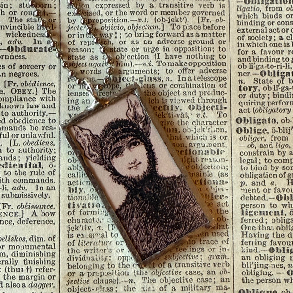 Vampire woman, vintage halloween illustrations, up-cycled to soldered glass pendant