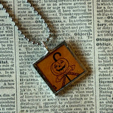 Jack O'Lantern pumpkin, witch, vintage illustrations, up-cycled to soldered glass pendant