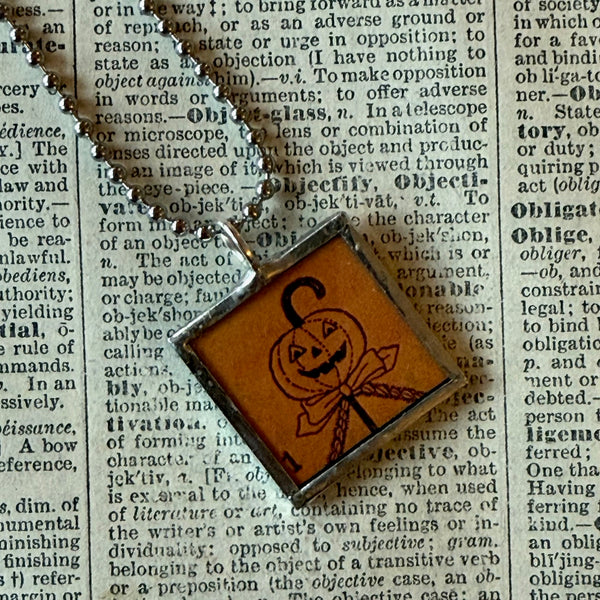 Jack O'Lantern pumpkin, witch, vintage illustrations, up-cycled to soldered glass pendant
