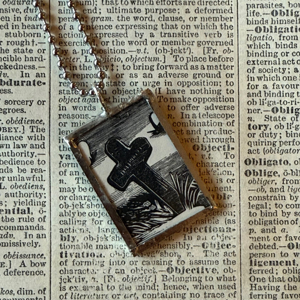 Victorian cemetery scenes, tombstones, vintage book illustrations, hand-soldered glass pendant