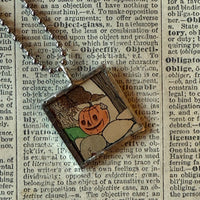 Jack O'Lanterns, pumpkins, vintage illustrations, up-cycled to soldered glass pendant
