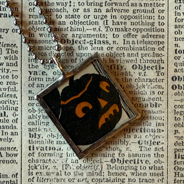 Jack O'Lanterns, pumpkins, vintage illustrations, up-cycled to soldered glass pendant