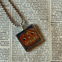 Jack O'Lanterns, pumpkins, moon vintage illustrations, up-cycled to soldered glass pendant