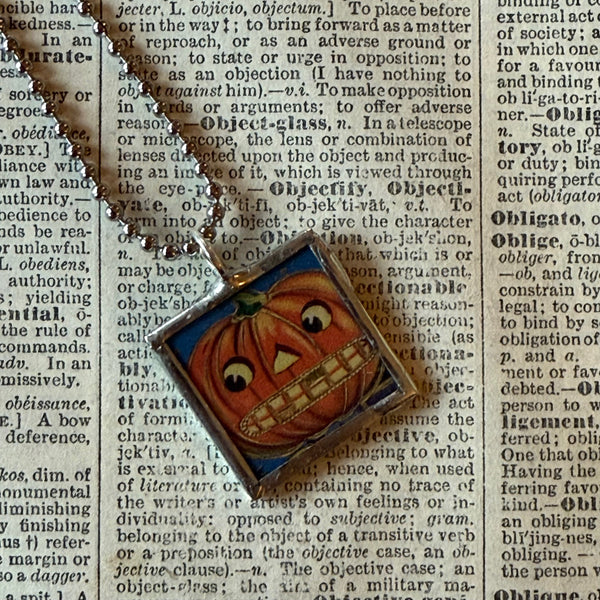 Jack O'Lanterns, pumpkins, moon vintage illustrations, up-cycled to soldered glass pendant