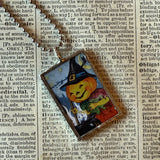 Jack O'Lanterns, pumpkins, vintage illustrations, up-cycled to soldered glass pendant