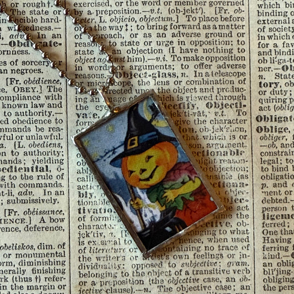 Jack O'Lanterns, pumpkins, vintage illustrations, up-cycled to soldered glass pendant