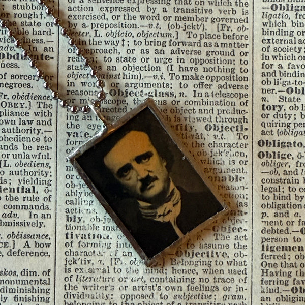 Edgar Allan Poe, The Raven, vintage halloween illustrations, up-cycled to soldered glass pendant